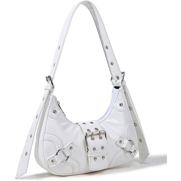 Women's Studded PU Leather Tote Handbag Adjustable Strap Boho Bags -White - Picture 9 of 11